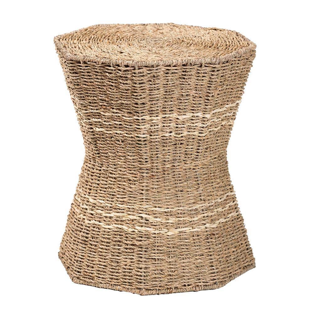 Natural Brown Seagrass Hourglass End Table with Metal Frame