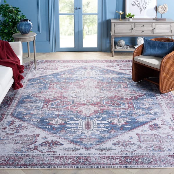 Tucson Navy/Red 9 ft. x 9 ft. Machine Washable Distressed Ornate Border Square Area Rug