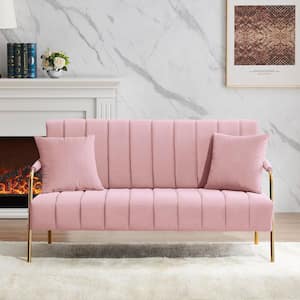 60.63 in. W Slope Arm Velvet Straight Sofa 2-Seat with Two Pillows and Golden Metal Leg in Pink