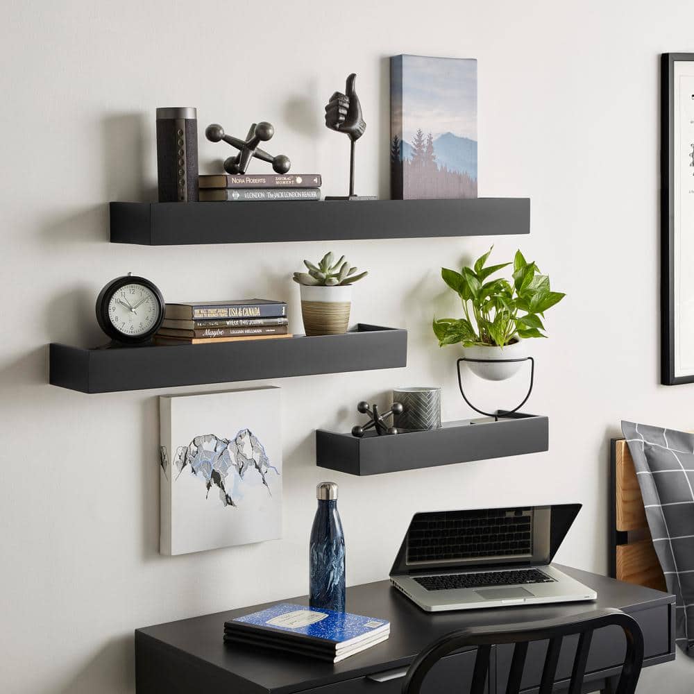 StyleWell Modern Black Wood Floating Wall Shelf (Set of 3) (36\, image size:1000x1000