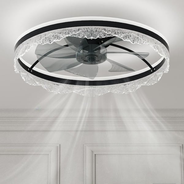 24 in. Smart Indoor Matte Black Crystal Flush Mount Color Changing LED Ceiling Fan with Light Kit and Remote App Control