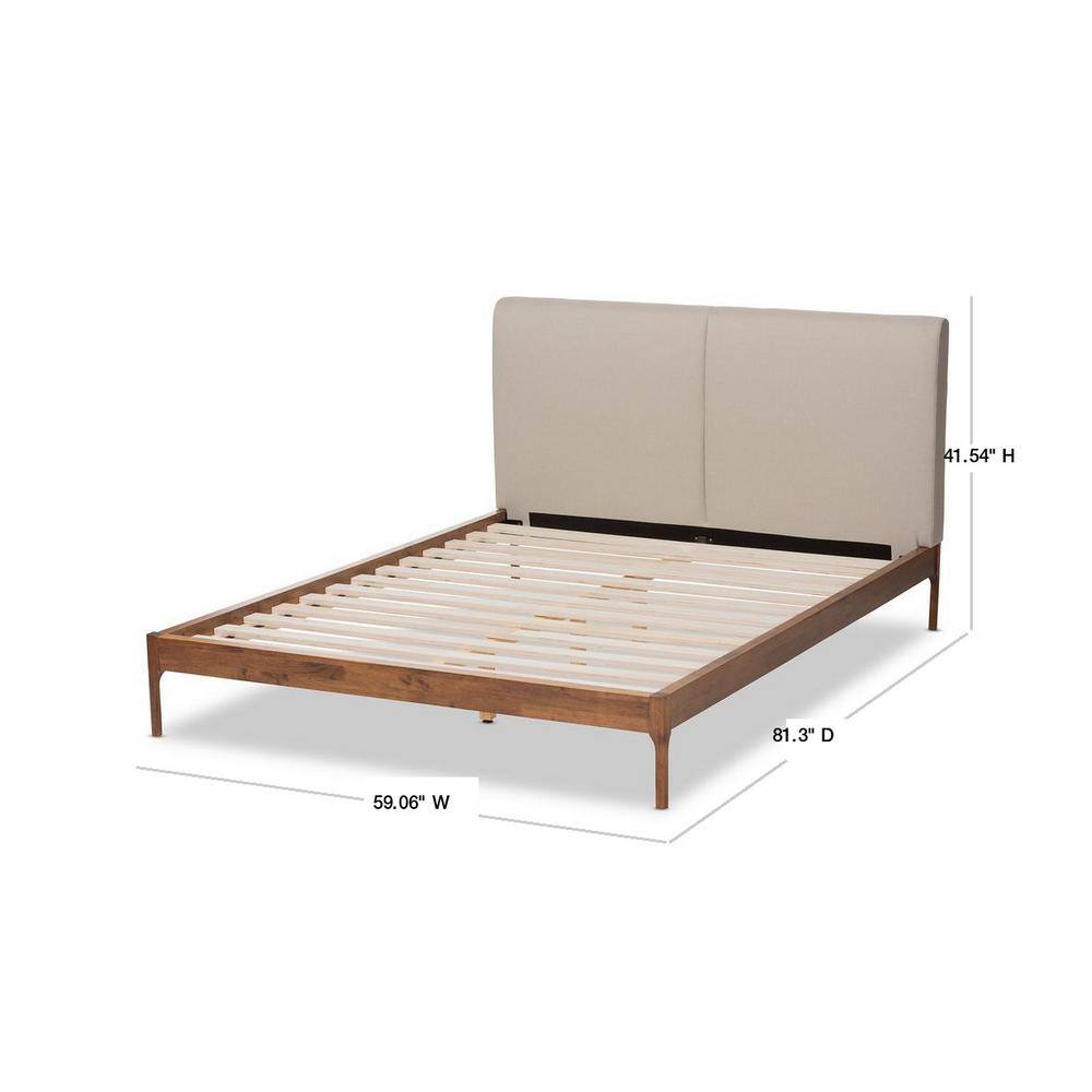 Mid-Century Modern Beige Oak Upholstered Full Platform Bed