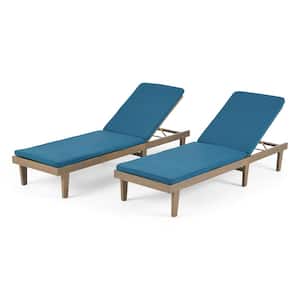 Nadine Grey 2-Piece Wood Outdoor Chaise Lounge with Blue Cushions