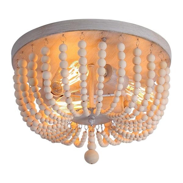 Briignite 11.8 in.3-Light Matte Black Wood Beaded Drum Flush Mount Ceiling Chandelier with Hand-Woven Cage Shade