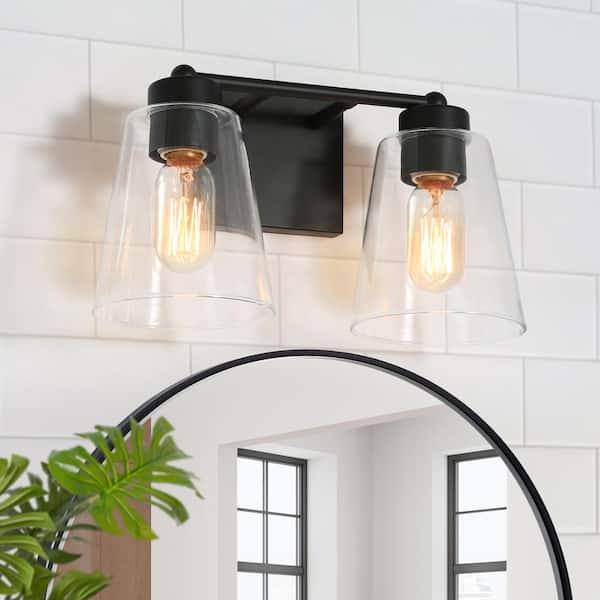 Uolfin Farmhouse Bell Bathroom Vanity Light 2-Light Industrial Cone Black Wall Light with Clear Glass Shades