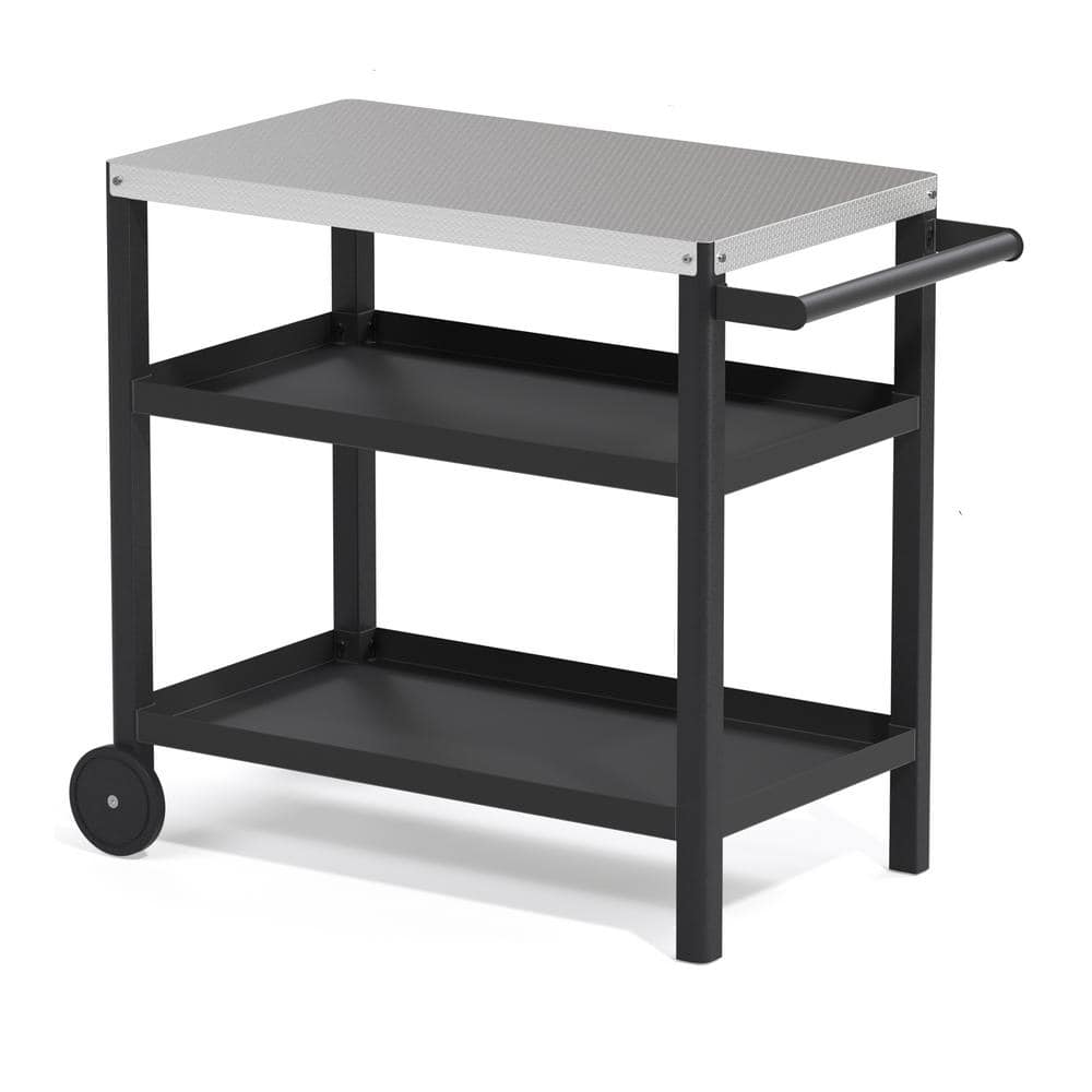 Black Outdoor Grill Cart Movable Food Prep Table with Stainless Steel Table