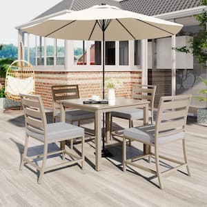 Gray Linen 5-Piece Metal and Acacia Wood Table Top Outdoor Dining Set with Gray Cushions and Umbrella Hole