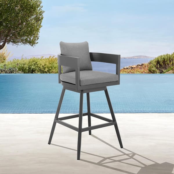 Menorca Counter Height Swivel Aluminum Outdoor Bar Stool with Dark Gray Cushion