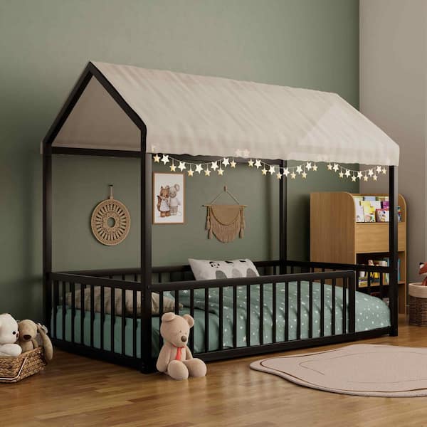 Black Metal Frame Twin Platform Bed with Fence for Kids and Toddlers