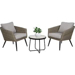 Light Gray 3-Piece Wicker Outdoor Bistro Set Conversation Chairs Sets with Gray Cushion for Balcony Yard