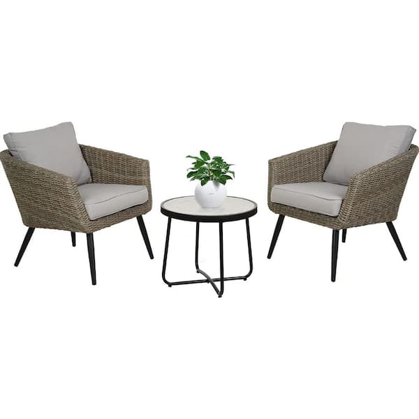 Yangming Light Gray 3-Piece Wicker Outdoor Bistro Set Conversation Chairs Sets with Gray Cushion for Balcony Yard