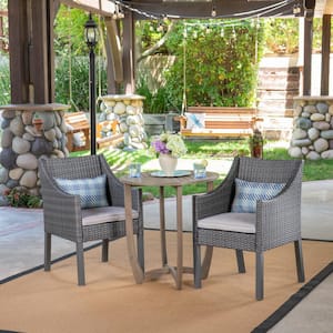 Jameson Gray 3-Piece Wood and Faux Rattan Outdoor Bistro Set with Silver Cushions