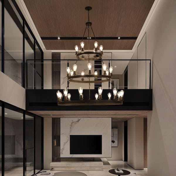 27-Light Black Candle Chandelier 3-Tier Farmhouse Wagon Wheel Hanging Light with Metal and Wood for Entryway Foyer