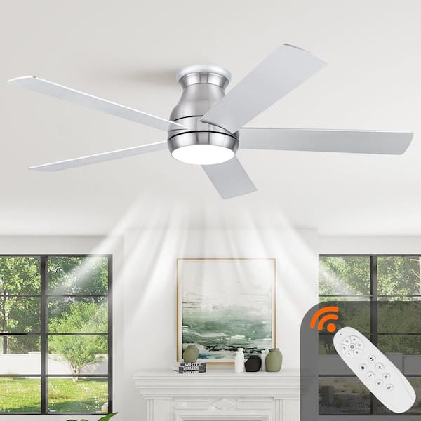 52 in. Brushed Nickel Low Profile Flush Mount Ceiling Fan with Silver Blades with Integrated LED Light with Remote