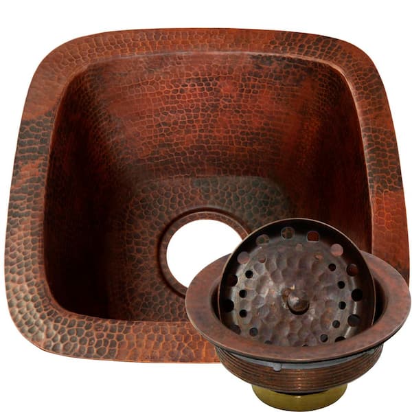 San Salvador Antique 16-Gauge Hammered Copper 15 in. Square Undermount Bar Sink with Copper Drain Basket