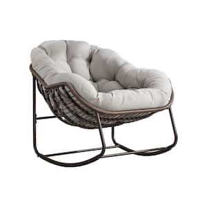 Deluxe Oversized Wicker Rattan Padded Steel Frame Outdoor Rocking Chair with Beige Cushion Set of 2