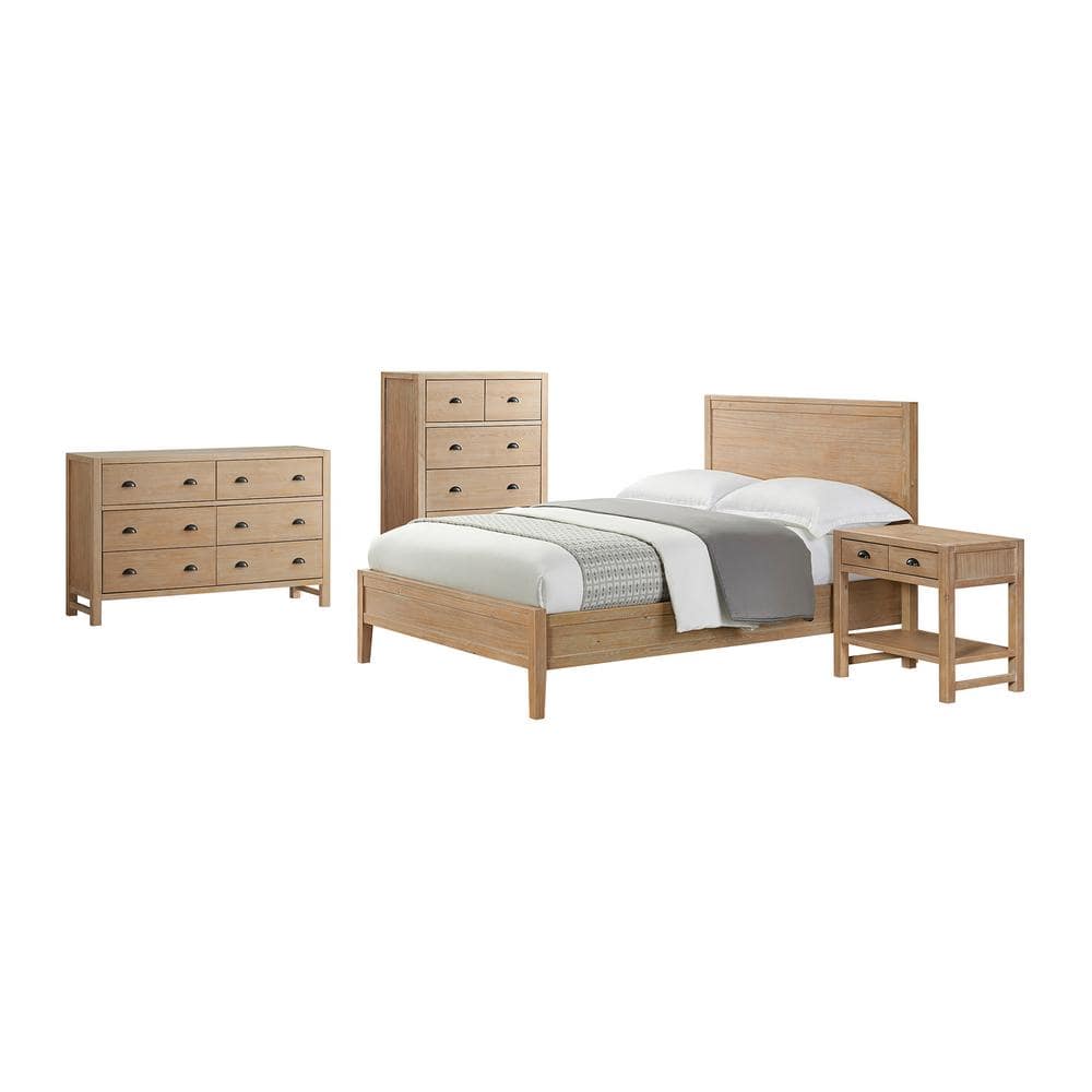 Alaterre Furniture Arden 4-Piece Wood Bedroom Set with Queen Bed, 2-Drawer Nightstand with Open Shelf, 5-Drawer Chest, 6-Drawer Dresser, Light Driftwood -  ANAN02343029