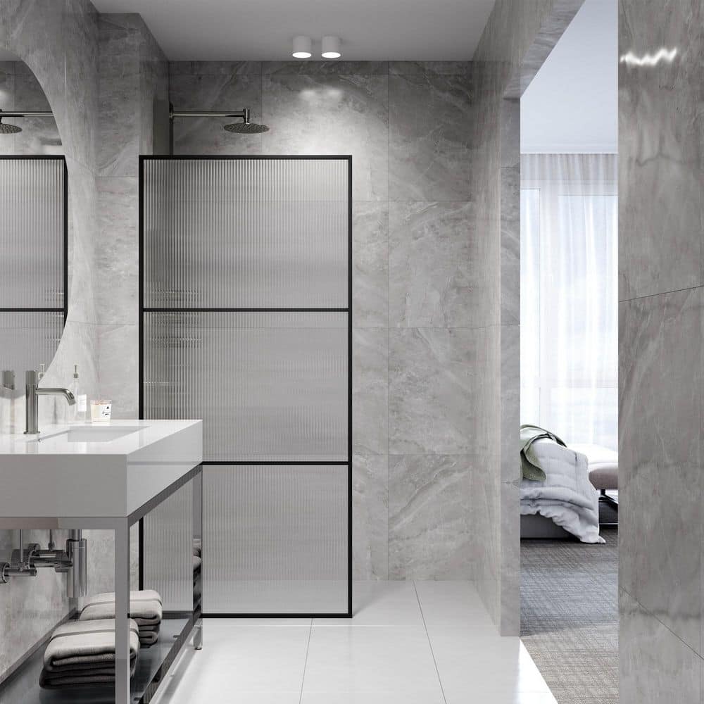 Divide 34" W x 74" H Matte Black Fluted Glass Shower Screen