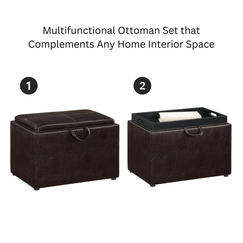 Espresso Faux Leather Versatile Storage Ottoman with Tray