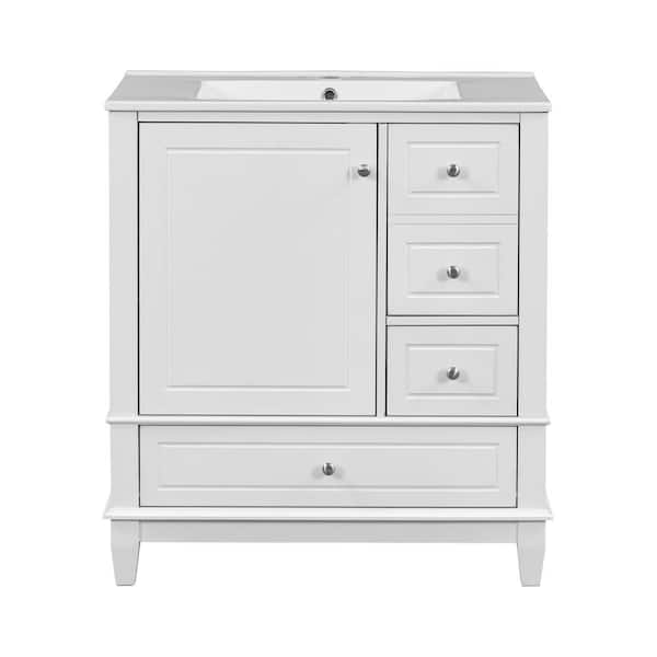 30 in. Single Sink Freestanding White Bath Vanity with White Ceramic Top, Cabinet with Door Shelf and 3 Drawers