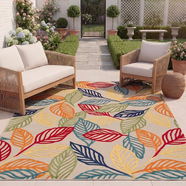 Cabana Ivory/Green 8 ft. x 10 ft. Leaf Indoor/Outdoor Patio  Area Rug