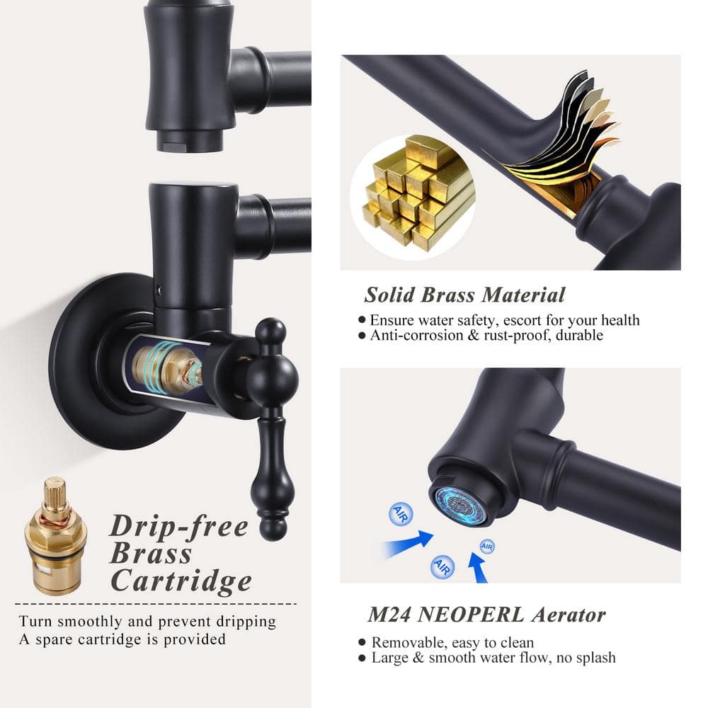 Matte Black Brass Wall Mounted Pot Filler Faucet with Double Joint Swing Arms