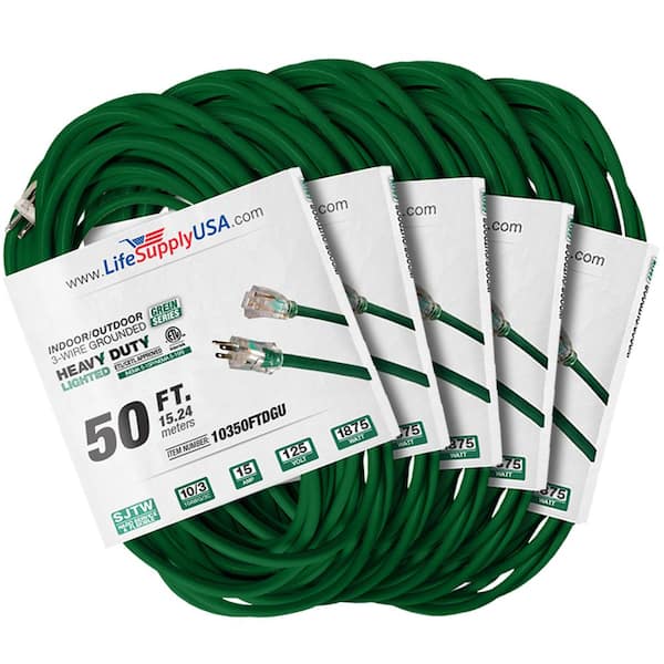 LifeSupplyUSA 50 ft. 10-Gauge/3 Conductors SJTW Indoor/Outdoor Extension Cord with Lighted End Green (5-Pack)