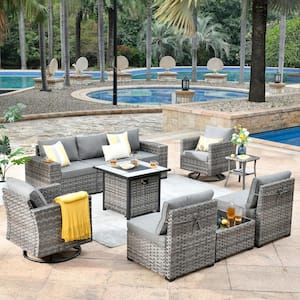 Moonstone 10-Piece Wicker Outdoor Patio Fire Pit Sectional Sofa Set and with Dark Gray Cushion and Swivel Rocking Chairs