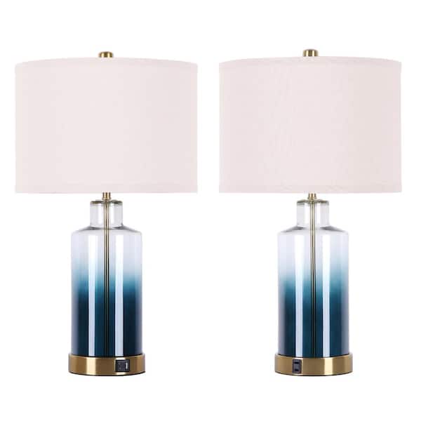 Myfoi 23.2 in. Blue Glass Table Lamp with USB Ports and Outlets (Set of 2) Touch Control Nightstand Lamp