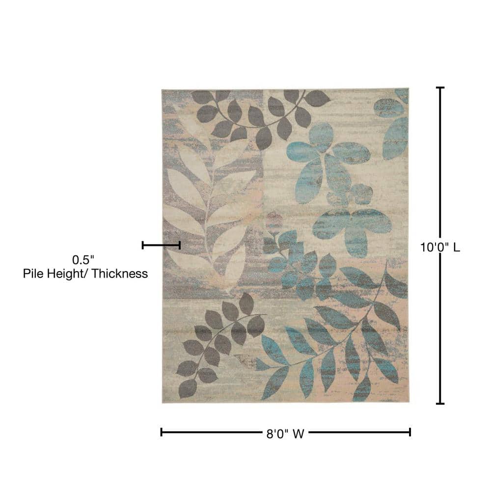Ivory and Light Blue Floral Synthetic 8' x 10' Area Rug