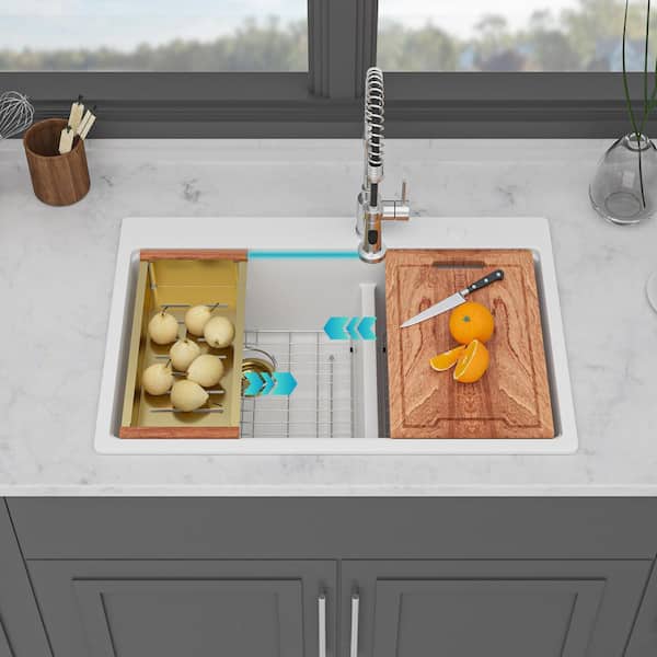 33 in. Drop-in Double Bowl (60/40) White Quartz Workstation Kitchen Sink with Bottom Grids