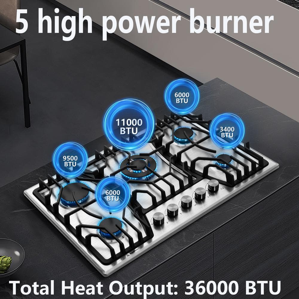 30-Inch Stainless Steel 5-Burner Gas Cooktop with Cast Iron Grates