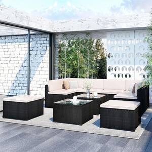 Black 10-Piece Wicker Outdoor Sectional Set with Beige Cushions