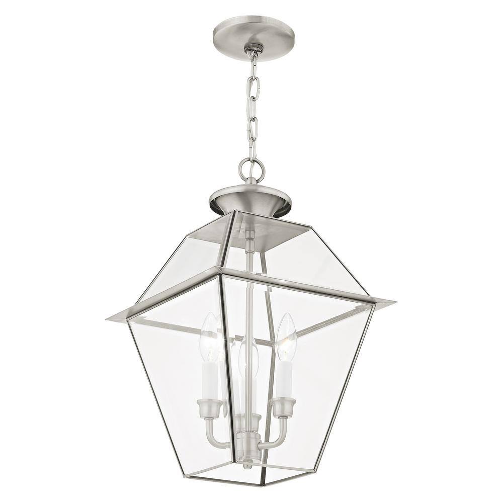 Brushed Nickel 3-Light Outdoor Pendant Lantern with Clear Beveled Glass