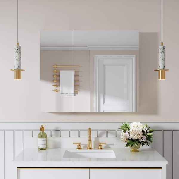 Peony 36 in. W x 30 in. H Rectangular Aluminum Medicine Cabinet with Mirror Combo, Reversible Door, Tri-View, Soft Close