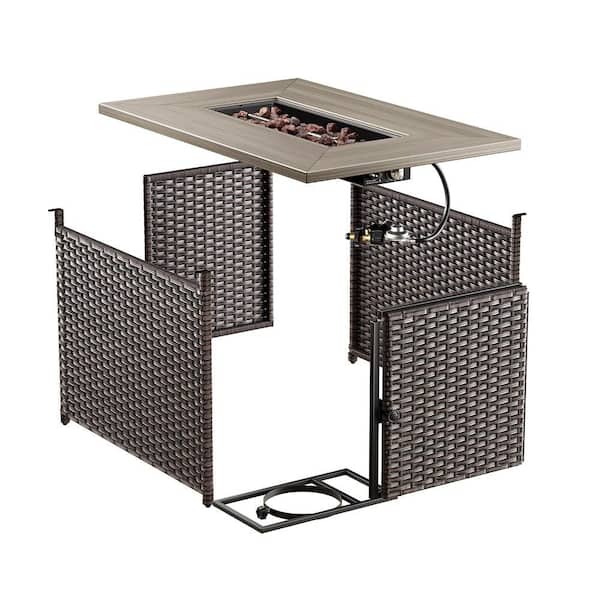 L- Brown Rattan Wicker 4-Piece Steel Outdoor Patio Conversation or Patio Fire Pit Set with Beige Cushions