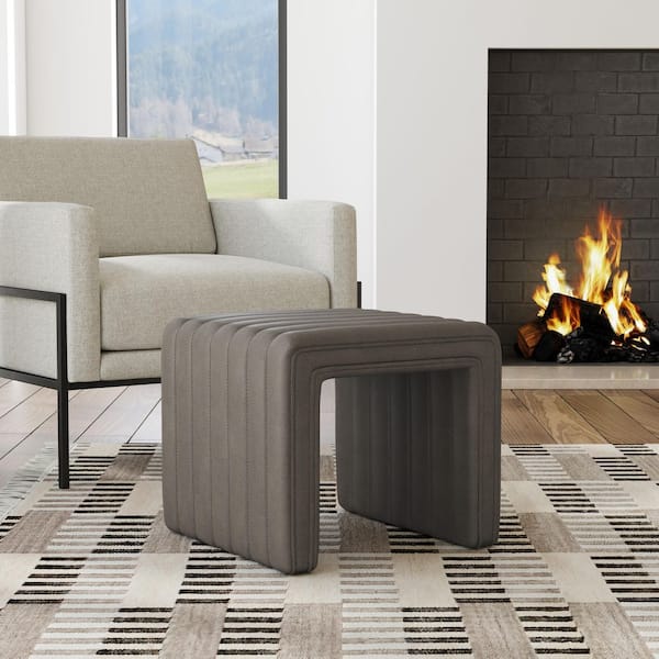 Homepop Pewter Gray Faux Leather Modern Channel Ottoman