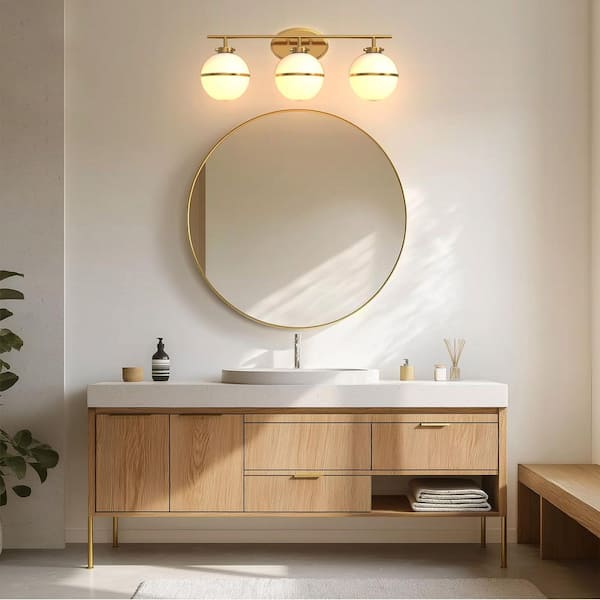 24 in. Modern Inspired 3-Light Bathroom Vanity Light with Elegant Heritage Brass Globe Shade