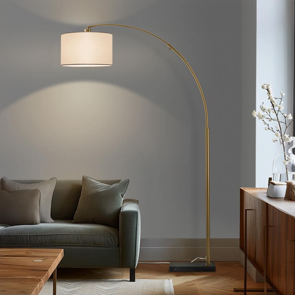 Antique Brass Arc Floor Lamp with Fabric Shade