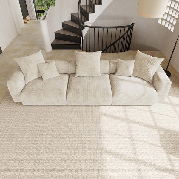 Unbranded 141.7 in. Square Arm Corduroy 3-Piece Rectangle Sectional Sofa with Ottoman, Deep Seats and Removable Covers in. Beige