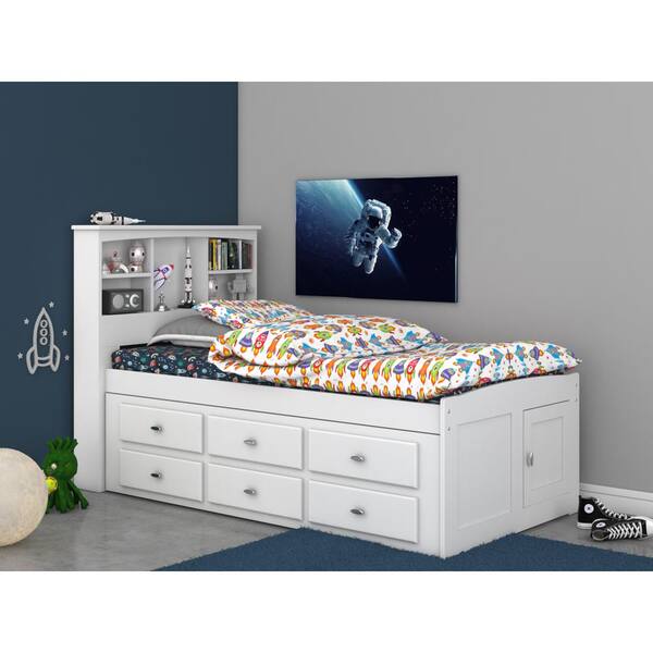Twin Size Platform Bed Casual White, Twin Bed With 6 Drawers White