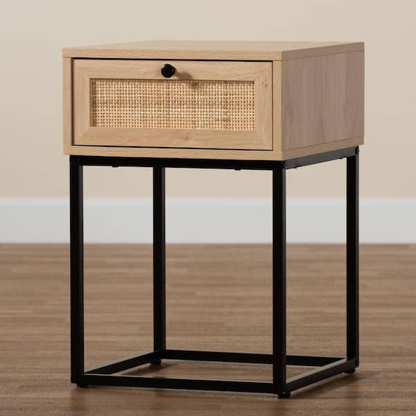 Baxton Studio Amelia 1-Drawer Natural Brown and Black Nightstand (22.8 in. H x 15.7 in. W x 15.7 in. D)