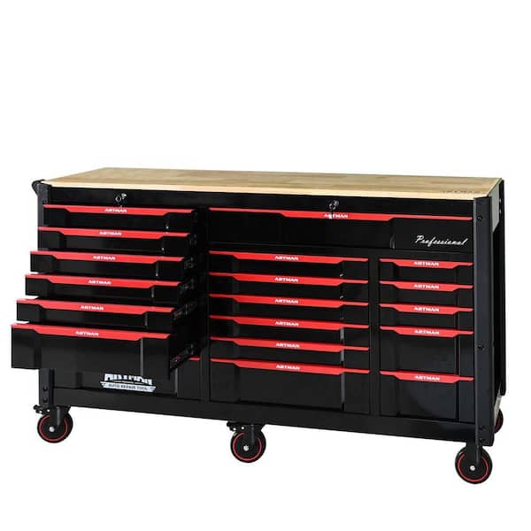 68.5 in. D x 19 in. W 7+12 Drawers Heavy Duty Black and Red Metal Rolling Tool Chest Combo for Workshops and Labs