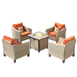 Oconee Beige 5-Piece Modern Outdoor Patio Conversation Sofa Seating Set with a Fire Pit and Orange Red Cushions