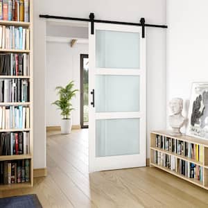 36 in. x 84 in. 3 Lite Tempered Frosted Glass white PVC Film Finished MDF Sliding Barn Door with Hardware Kit