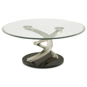 38 in. Silver and Black Round Glass Top Coffee Table