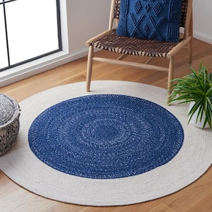 Braided Navy Ivory 3 ft. x 3 ft. Abstract Border Round Area Rug