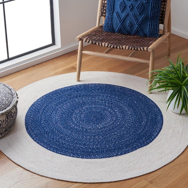 Braided Navy Ivory Doormat 3 ft. x 3 ft. Abstract Border Round Area Rug