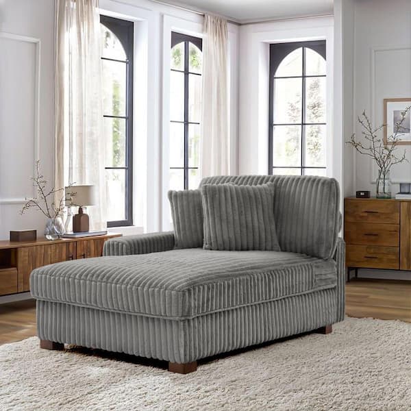 Light Gray Faux Rabbit Fur Polyester Left Arm Facing Sectional Chaise Lounge with Wood Legs(Set of 1)