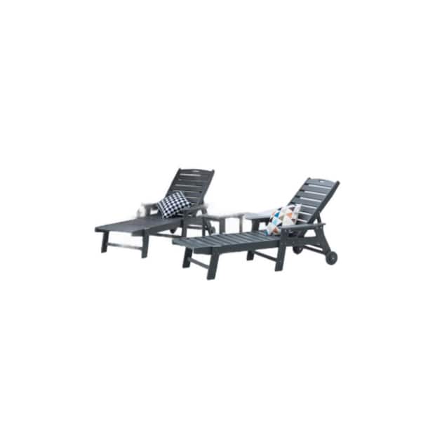3-Piece Oversized Woodgrain Lounger Set, Gray, 5-Positions Wheels and Cup Holders (Includes 2 Lounge Chairs and 1 Table)